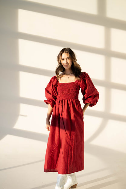 Kennedy Linen Puff Sleeve Midi Dress